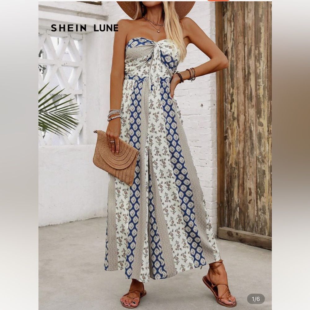 SHEIN Strapless Bandeau Floral Wide Leg Romper Blue and Cream Size Small